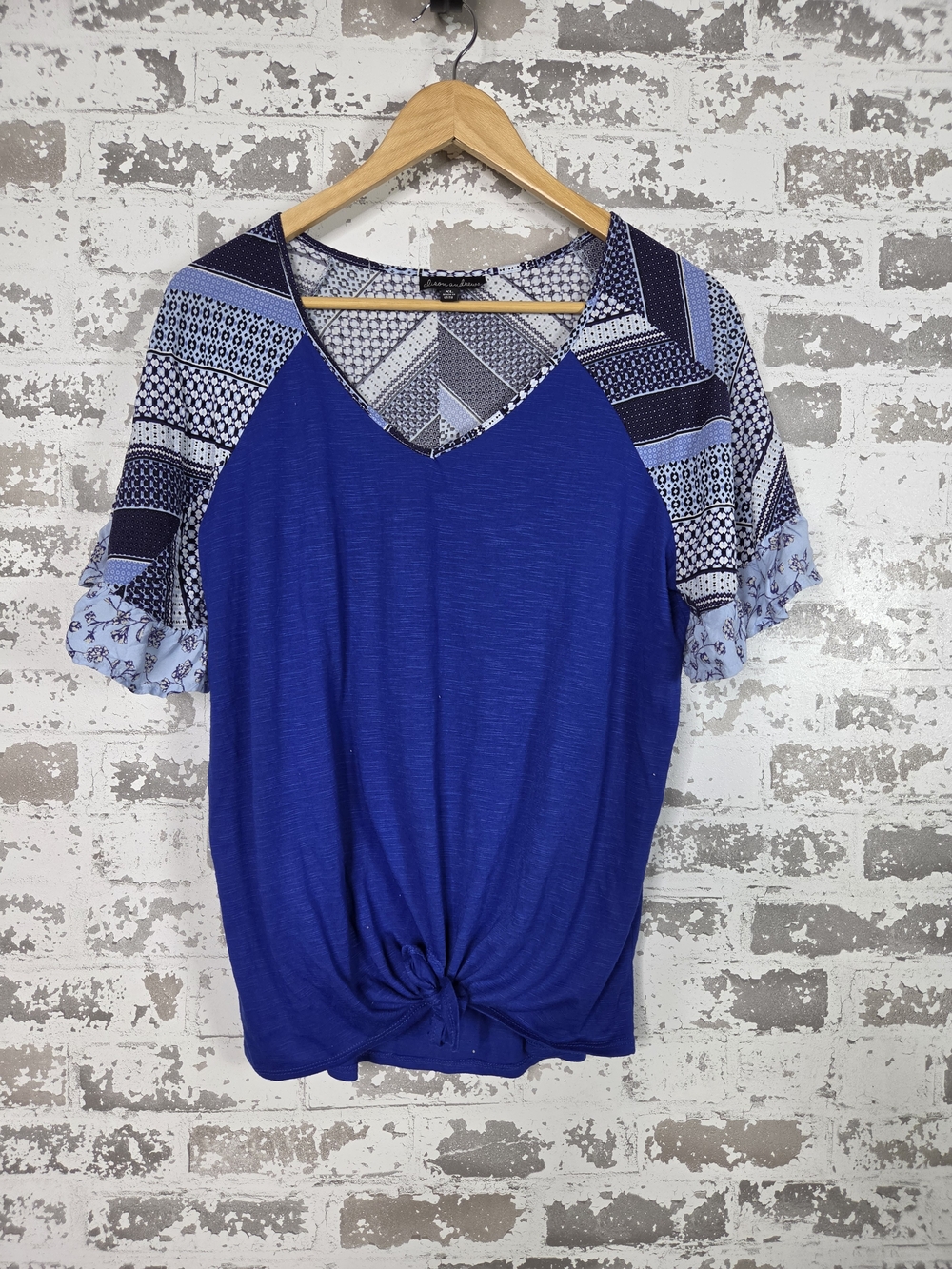 Boho Blue Patchwork Raglan Sleeve Knot Front Tee Top Size XL